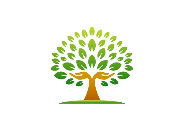 Logotipo da árvore da mão, ícone de conceito de bem-estar de árvore de mãos naturais, ioga design de vetor símbolo de cuidados de saúde — Vetor de Stock