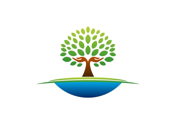 Logotipo da mão da árvore, ícone de bem-estar de árvore de mãos naturais, ioga design de vetor símbolo de cuidados de saúde —  Vetores de Stock