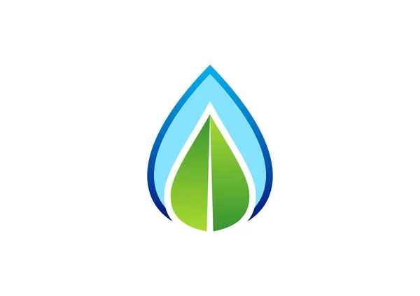 Cachoeira folha logotipo, gota de água e natureza folha símbolo ícone vetor design —  Vetores de Stock