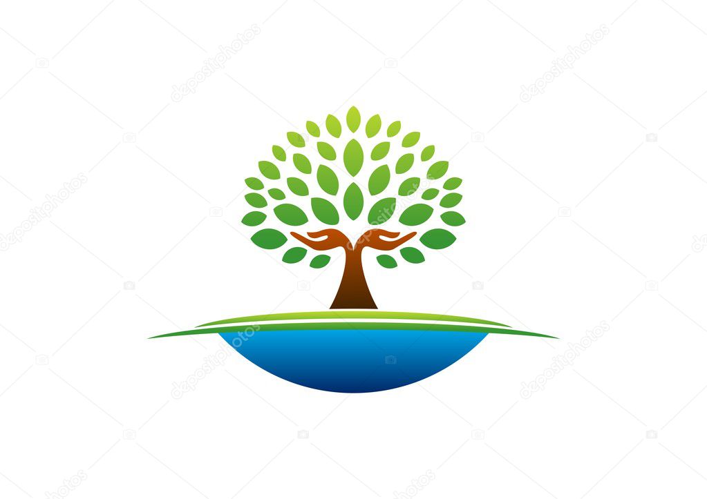 tree hand logo, natural hands tree wellness icon, yoga health care symbol vector design