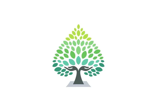 Logotipo del árbol de la mano, corazón verde manos árbol bienestar logotipo icono concepto, yoga cuidado de la salud símbolo vector diseño concepto — Vector de stock