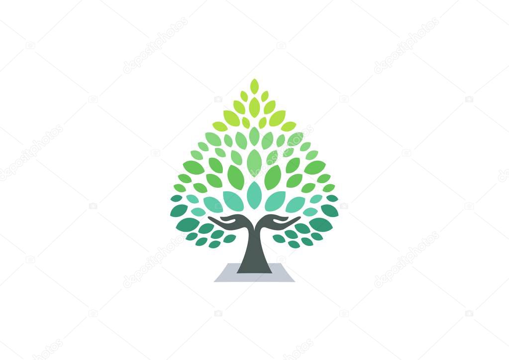 hand tree logo, green heart hands tree wellness logo icon concept, yoga health care symbol vector design concept