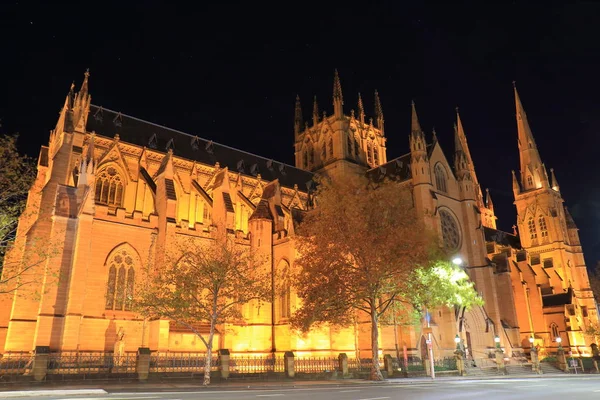 Architettura storica Cattedrale di St Marys notte paesaggio urbano Sydney Australia — Foto Stock