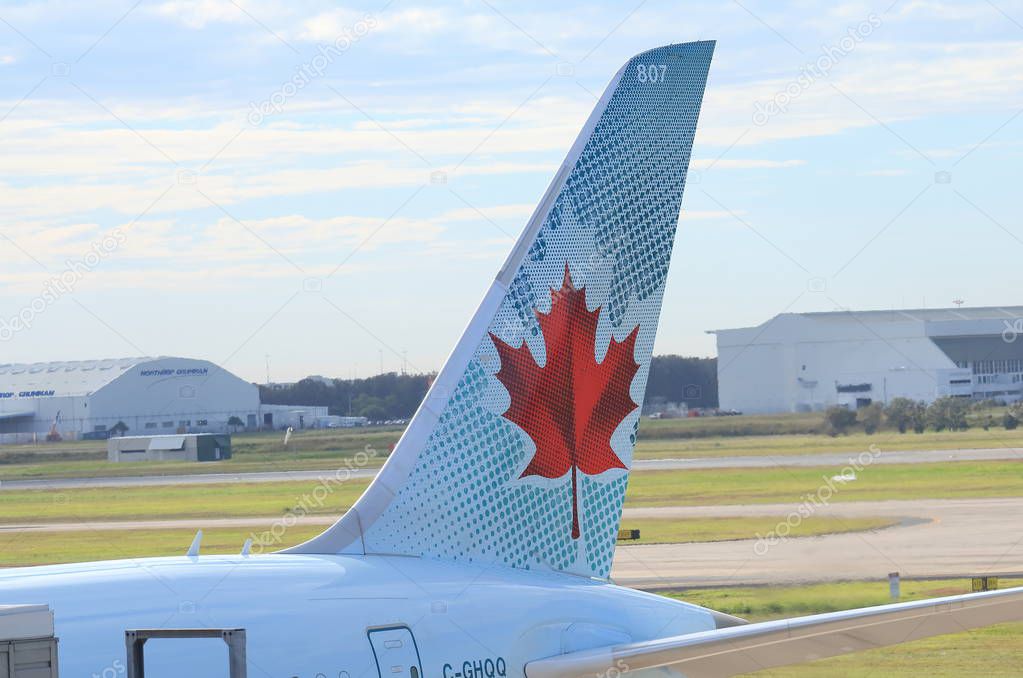 BRISBANE AUSTRALIA - JULY 10, 2017: Air Canada airplane at Brisbane International airport.
