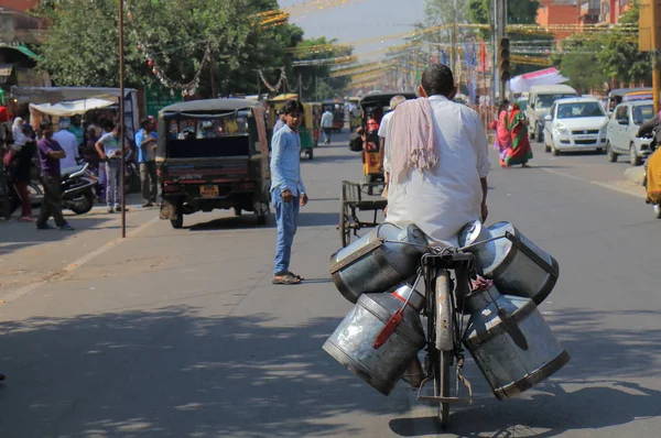 Jaipur Indien Oktober 2017 Unbekannter Fährt Fahrrad Der Innenstadt Von — Stockfoto