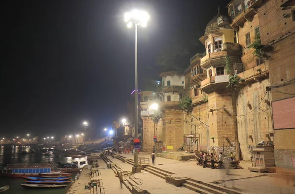 Ganges Rzeki Rana Mahal Ghat Nocna Panorama Varanasi Indiach — Zdjęcie stockowe