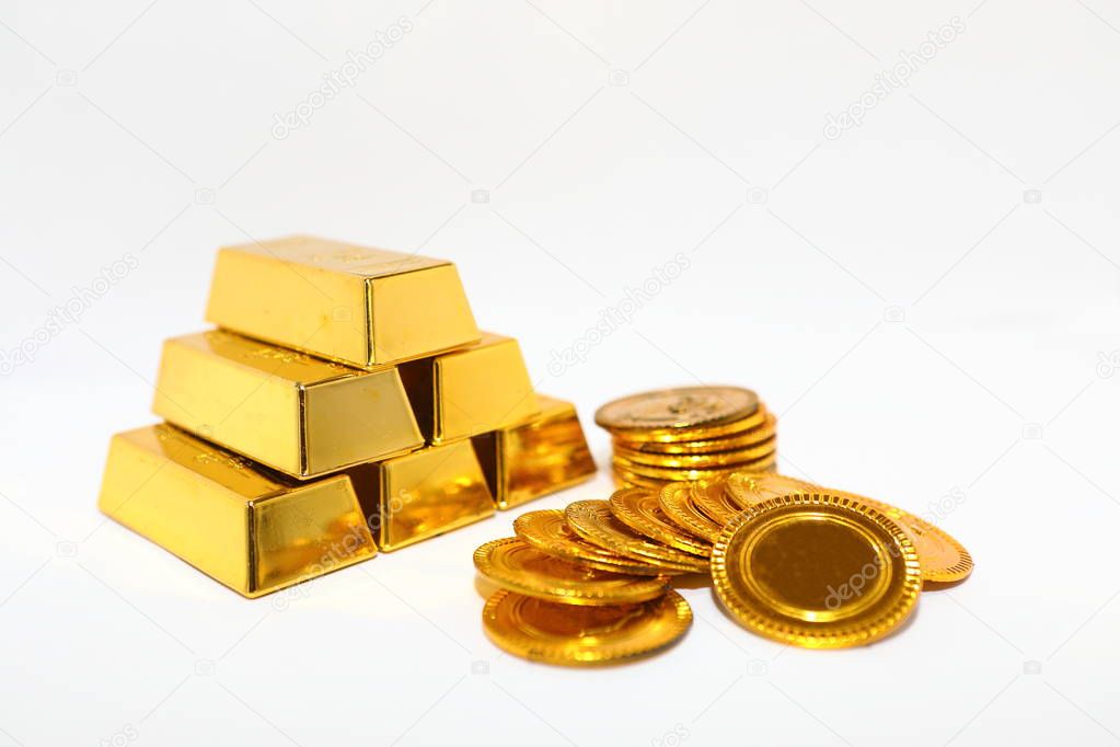 Gold bar pile gold coin isolated white background