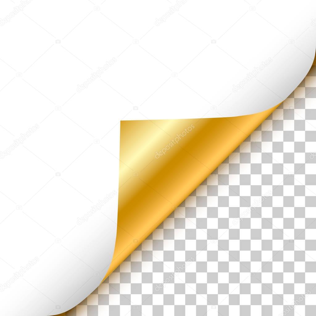 Gold curled corner with reflection and shadow on transparent background realistic vector illustration