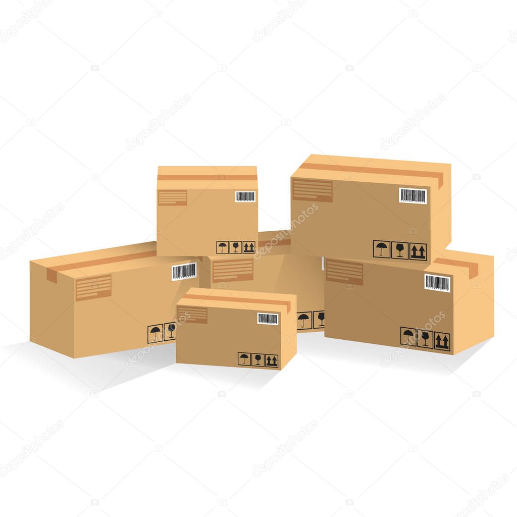 Pile of stacked sealed goods cardboard boxes. Flat style vector illustration isolated on white background