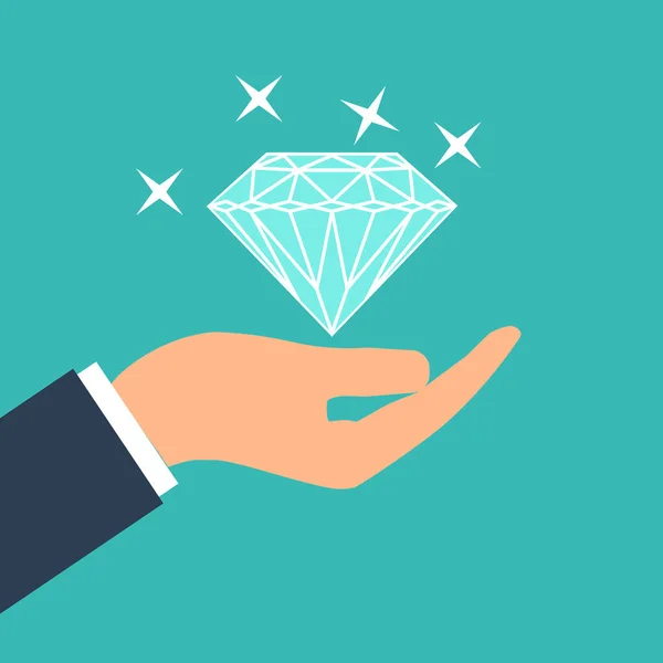 Groot shining diamond in de hand. Bruiloft concept. Huwelijksaanzoek. Ontwerp, vectorillustratie — Stockvector