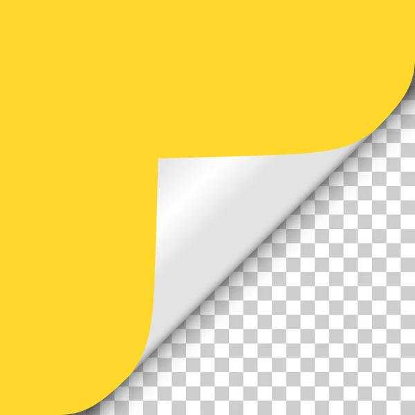 Page jaune angle tordu de l'ombre à fond transparent illustration vectorielle réaliste — Image vectorielle