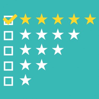 Star Rating. Beş düz sarı web düğme derecelendirme yıldız. Değerlendirme sistemi. Olumlu yaklaştı. Vektör çizim düz tasarımı. Beyaz arka plan üzerinde izole. Kaliteli iş.