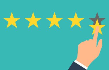 Star Rating. Beş düz sarı web düğme derecelendirme yıldız. Değerlendirme sistemi. Olumlu yaklaştı. Vektör çizim düz tasarımı. Beyaz arka plan üzerinde izole. Kaliteli iş.