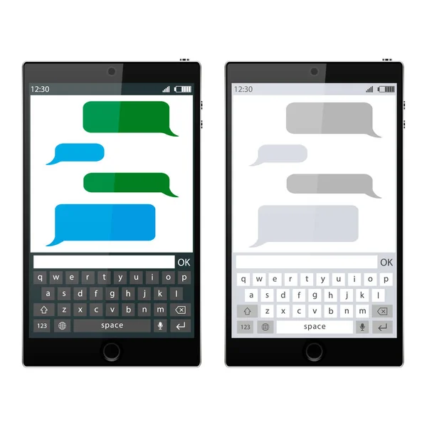 Smartphone chat sms burbujas plantilla de aplicación, tema en blanco y negro. Coloque su propio texto en las nubes de mensajes . — Vector de stock