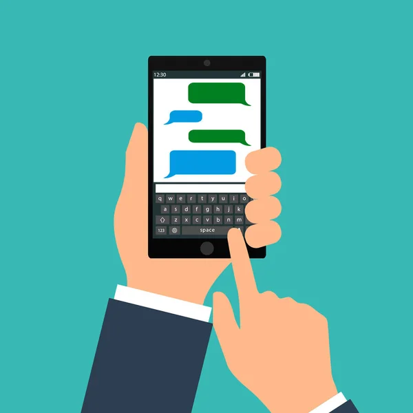 Mão furando smartphone preto com bolhas de fala em branco para texto. Texto conceito de design plano de mensagens — Vetor de Stock