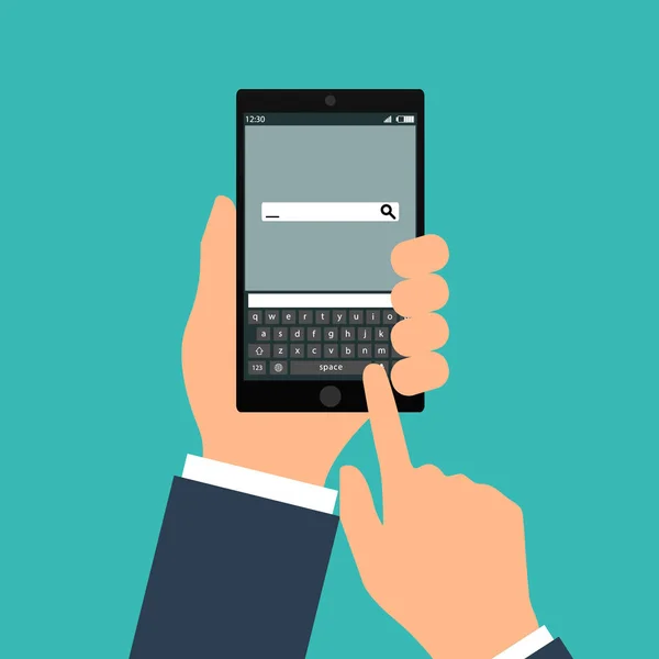 Kézi holing fekete smartphone-val üres rakhatja, szöveg. Szöveges üzenetek lapos koncepció — Stock Vector