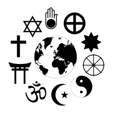 World Religions Planet Earth Flower World religions - flower icon made of religious symbols and planet earth in center. clipart