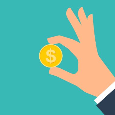 Holding veya üzerinde altın madeni para Doları sembolü ile gösterilen el. Düz tasarım.