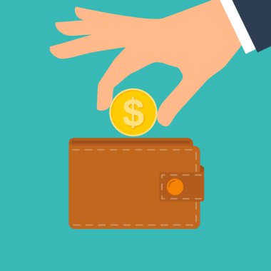 Vektör çizim, simge, düz tasarım. Para, sikke ve kredi kartı, nakit ile düz cüzdan