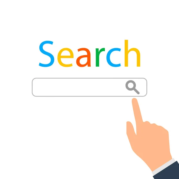 Tecnología moderna de recuperación de información. El concepto de búsqueda. El dedo hace clic en la barra de búsqueda con una lupa . — Archivo Imágenes Vectoriales