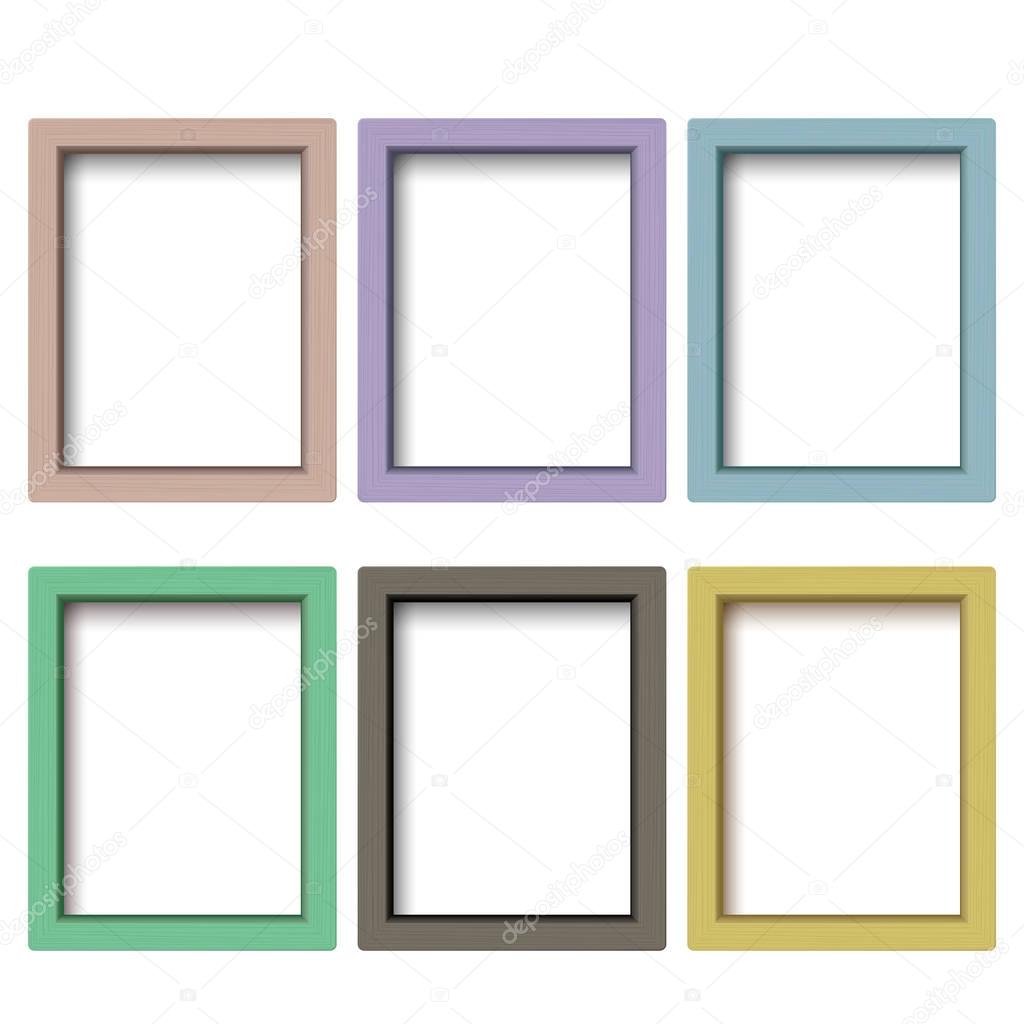 Set of colorful wooden frames. Wooden square picture frames of colorful set for your web design. Abstract colorful picture frames on vintage background. Vector set of color photo frames on the wall