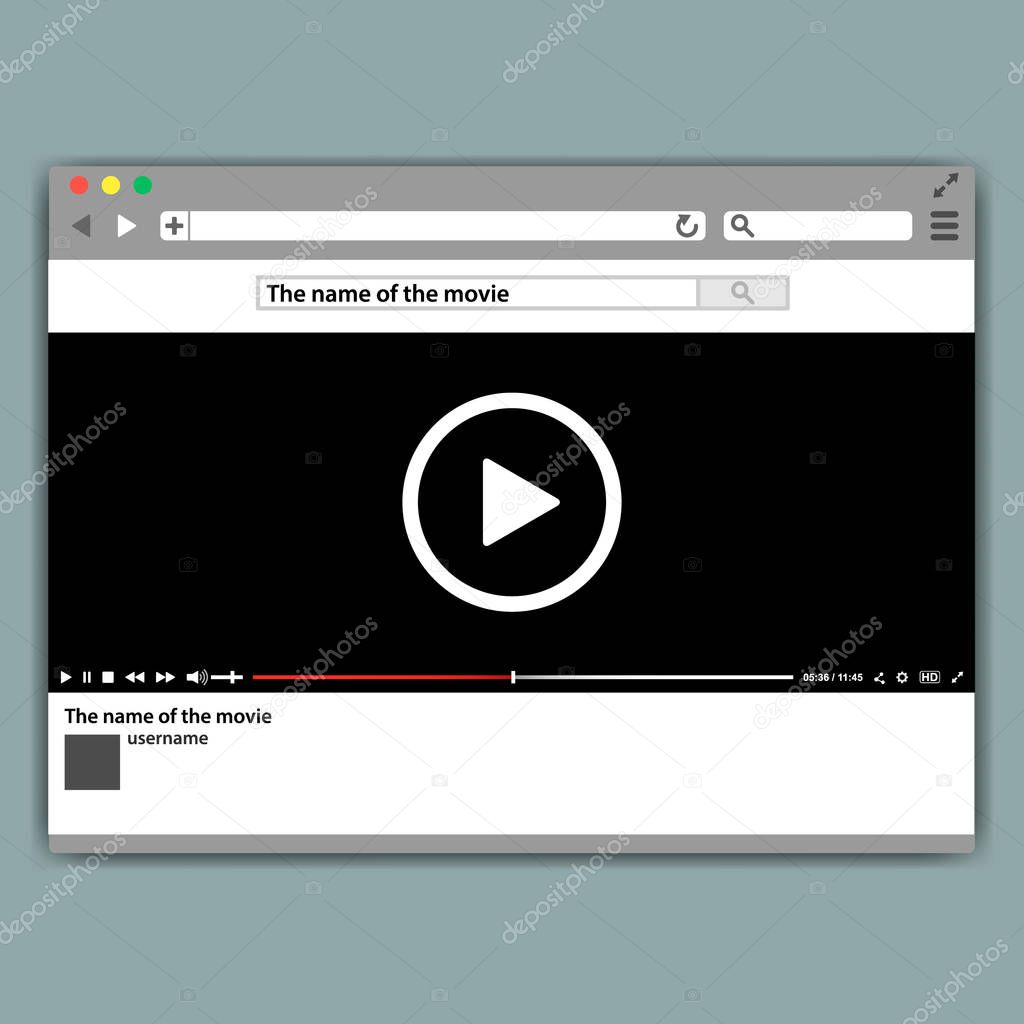 Design internet browser video player template. Modern video frame. Video player interface mokup or UI for web.