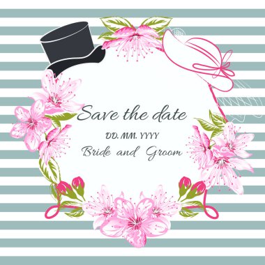 Vintage kartı kiraz çiçeği ve düğün şapkalar