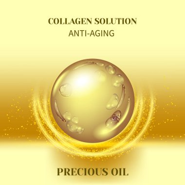 Değerli arka planda altın yağ kabarcıklarının vektör çizimi. Suda kolajen emülsiyonu. Altın serumu damlaları. Paket tasarımı kozmetik ürünleri..