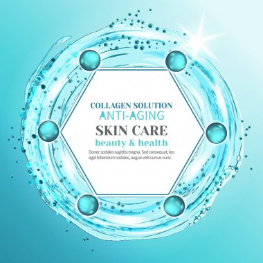 3D modeli molekülün, kollajen çözüm mavi su, serum ve özü bir sıçrama arka planı bırakır. Güzel bilimsel arka plan, bilim kozmetik.