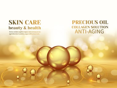 Değerli arka planda altın yağ kabarcıklarının vektör çizimi. Suda kolajen emülsiyonu. Altın serumu damlaları. Paket tasarımı kozmetik ürünleri..