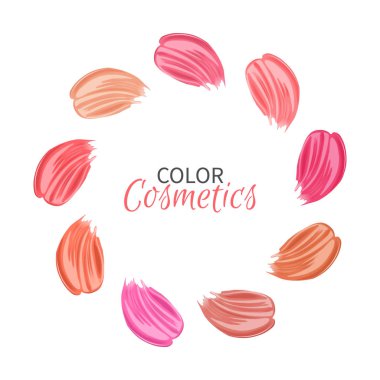 Çeşitli renk üzerine beyaz izole rujlar vuruş topluluğunu. Bir yayma ruj tasarım reklam posterler, broşürler için dekoratif kozmetiği teşviki için vektör çizim