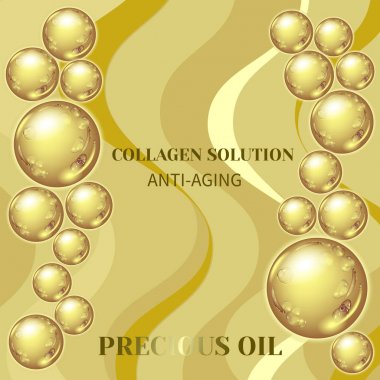 Değerli arka planda altın yağ kabarcıklarının vektör çizimi. Suda kolajen emülsiyonu. Altın serumu damlaları. Paket tasarımı kozmetik ürünleri..