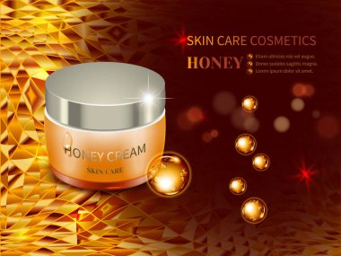 Altın bal, dokulu parlak sarı arka plan üzerinde 3d kompozisyon ile organik krem kavanoz. Tasarım Kozmetik ürün reklam, bulanıklık ve bokeh arka plan, parlak efekti.