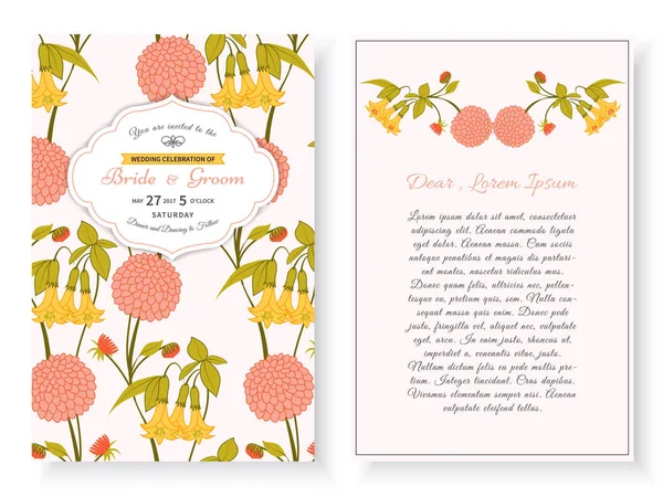 Vintage Floral Background Wedding Cartão Convite Com Moldura Dália Bellflower — Vetor de Stock