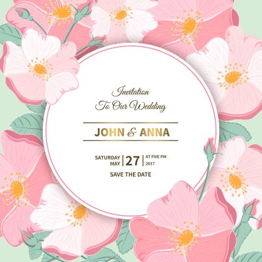 Vintage çiçek illüstrasyon. Düğün kartı veya yuvarlak bayrağı altında metin arka plan çiçekler yabani gül ile davet.