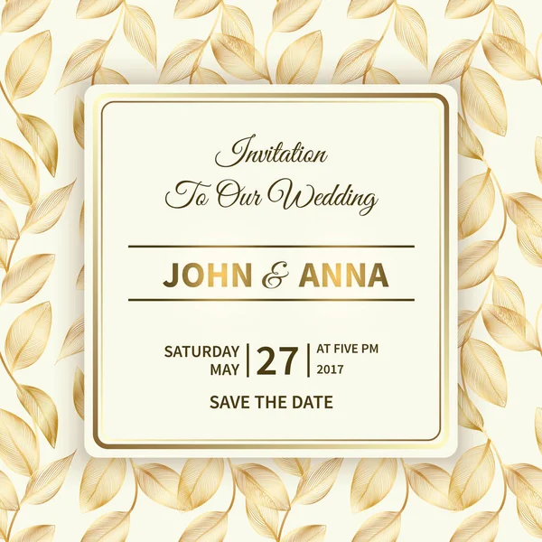 Carte Mariage Invitation Avec Cadre Feuilles Riche Fond Floral Luxe — Image vectorielle