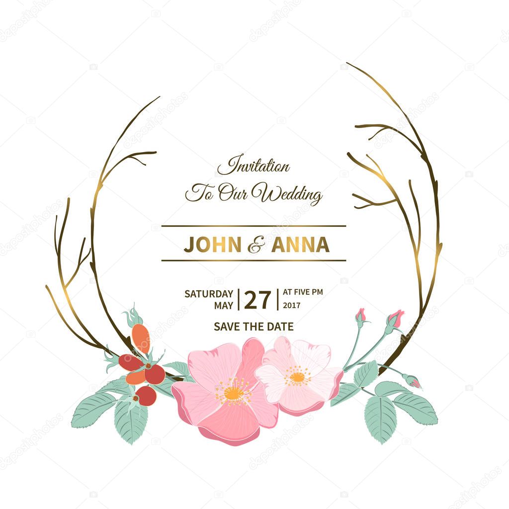 Vintage floral illustration.Wedding card or invitation with composition of flowers of wild roses and twigs on white background.