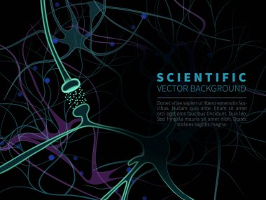 SYNAPSE ve Elektrik kimyasal sinyal göndererek nöron hücreleri. Nöron sistem modeli. Sinir sistemi ve nörolojik hastalıklar vektör çizimi.