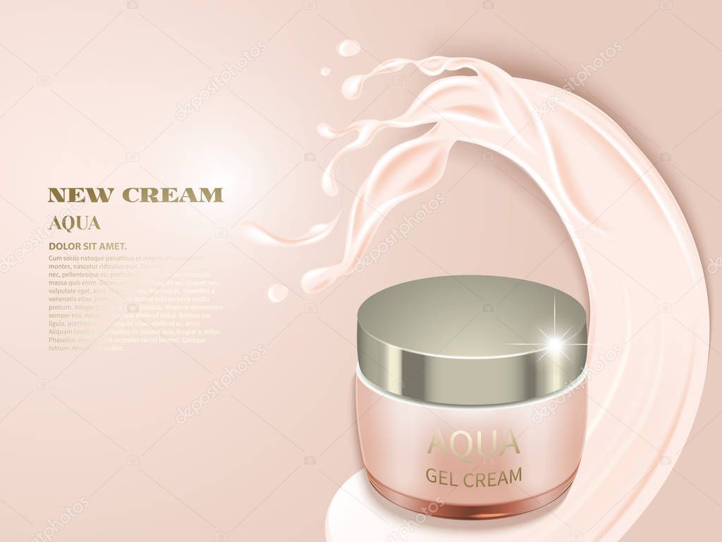 Realistic jar on cream background with crown creamy splashes.Advertising cosmetic cream.Design cosmetics product, 3d vector illustration.