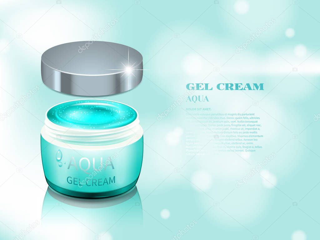 Glass jar with gel cream, 3d composition on textured glowing gently blue background.Design cosmetic product advertising, blur and bokeh background, sparkling effect.