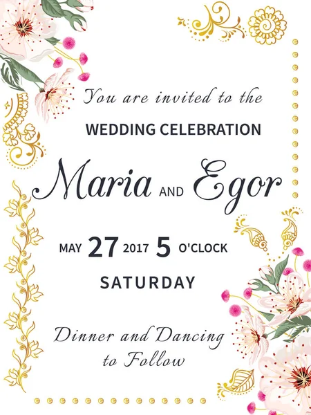 Einladungskarte Mit Farbigen Sacura Blütenblumen Hochzeitseinladung Rahmenkartenhintergrund Mit Goldenen Mehendi — Stockvektor