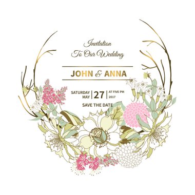 Beyaz bir arka plan üzerinde izole güzel egzotik çiçek bir buket ile Vintage kartı. Flower çelenk ile çiçek düğün davetiyesi. Vektör çizim.