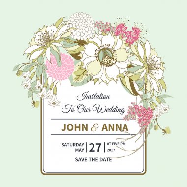 Beyaz bir arka plan üzerinde izole güzel egzotik çiçek bir buket ile Vintage kartı. Flower çelenk ile çiçek düğün davetiyesi. Vektör çizim.