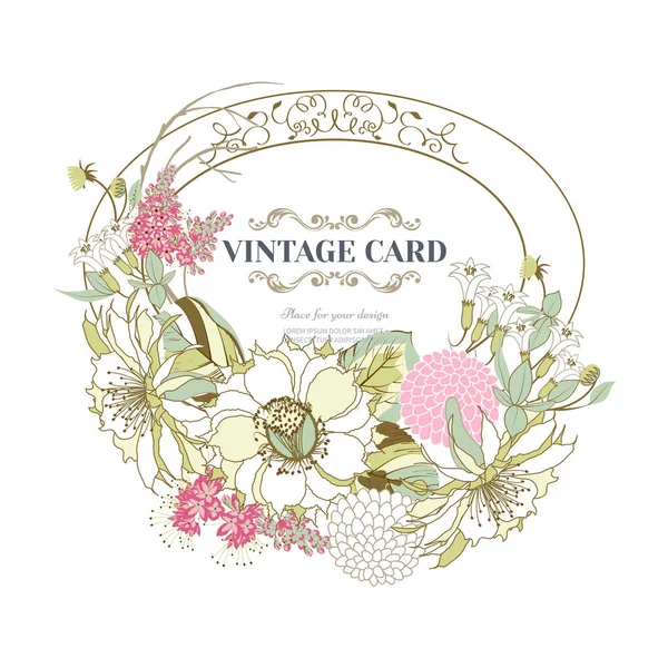 Vintage Card Bouquet Beautiful Exotic Flowers Isolated White Background Frame — Stock Vector