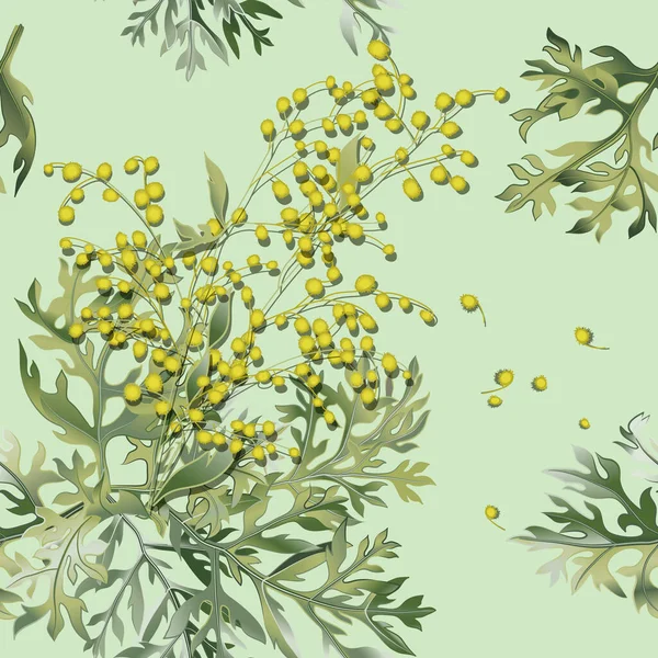 Płynny wzór piołuna. Artemisia absynt. Gałąź piołuna, kwiaty piołuna i liście. — Wektor stockowy