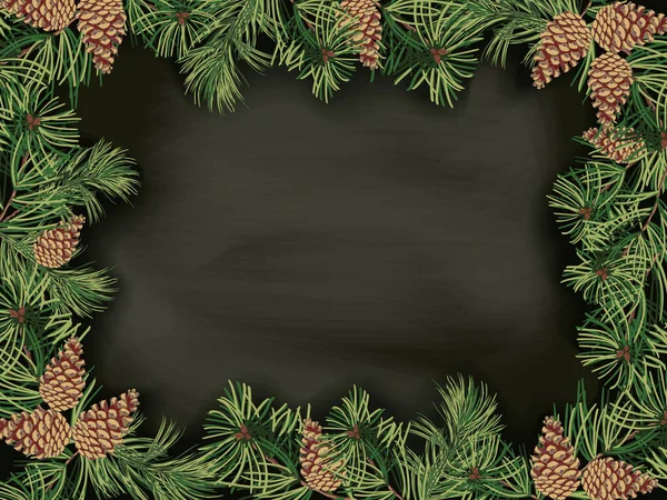 Border of green Christmas tree branches and pine cones on a black background. — Stock Vector