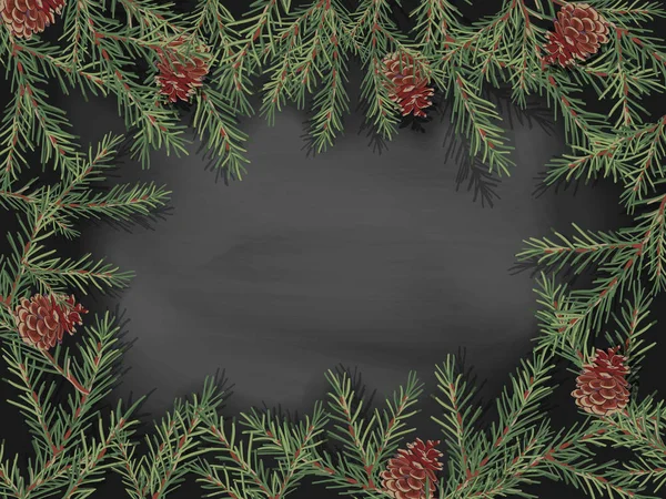 Frontera de ramas de árbol de Navidad verde y conos de pino sobre un fondo negro . — Vector de stock