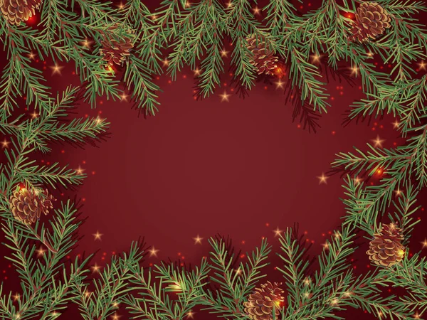 Frontera de ramas de árbol de Navidad verde y conos de pino sobre fondo rojo . — Vector de stock