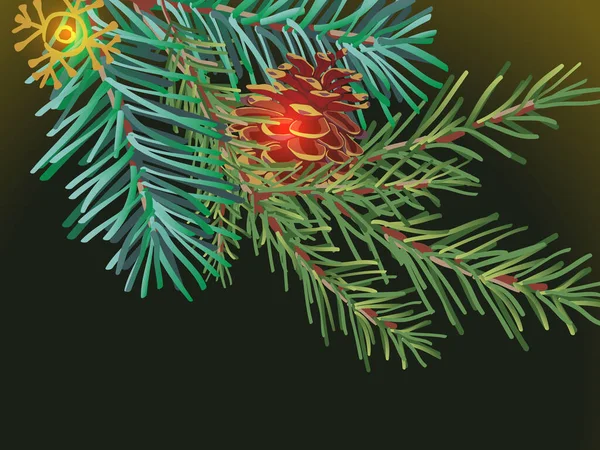 Rama verde del árbol de Navidad con cono de pino sobre fondo negro, primer plano . — Vector de stock