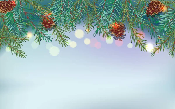 Frontera de ramas verdes de árbol de Navidad y conos de pino sobre fondo borroso azulado claro. Luces de vacaciones brillantes . — Vector de stock